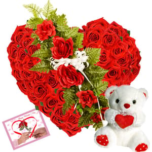 Heart Shaped 50 Red Roses with Teddy
